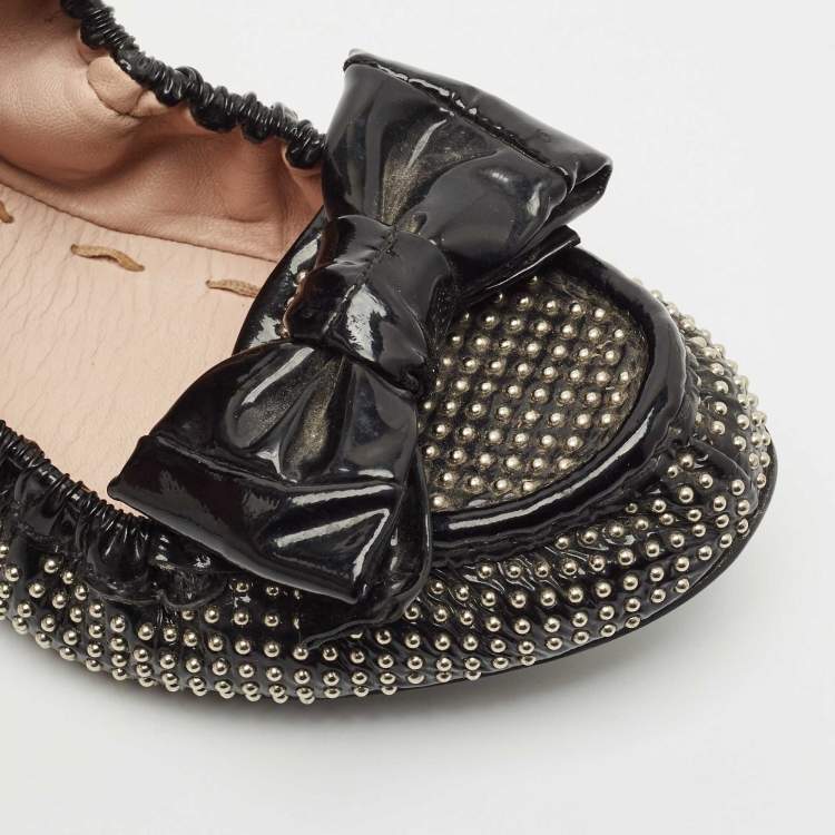 Pre Owned Miu Miu Black Patent Leather Studded Bow Scrunch Ballet Flats Size 38.5