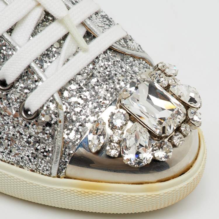 Pre Owned Miu Miu Silver Glitter Crystal Embellished Lace Up Sneakers Size 37.5