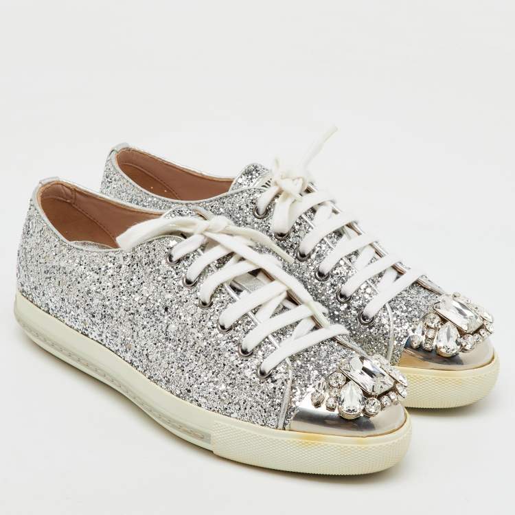Pre Owned Miu Miu Silver Glitter Crystal Embellished Lace Up Sneakers Size 37.5