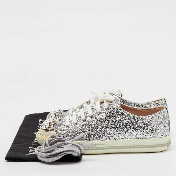 Pre Owned Miu Miu Silver Glitter Crystal Embellished Lace Up Sneakers Size 37.5