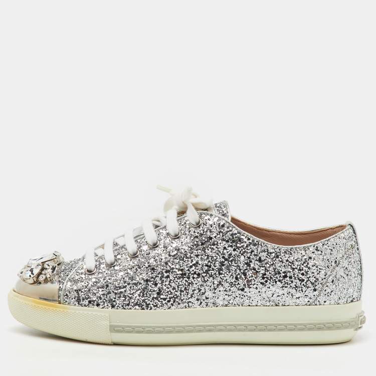 Pre Owned Miu Miu Silver Glitter Crystal Embellished Lace Up Sneakers Size 37.5