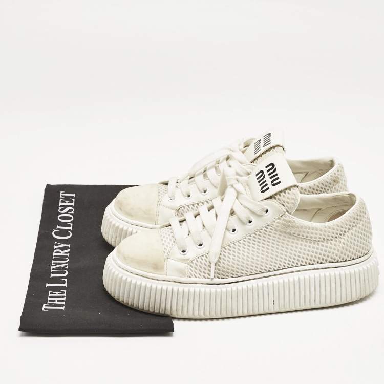 Pre Owned Miu Miu White Leather and Mesh Platform Sneakers Size 37.5