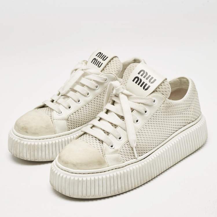 Pre Owned Miu Miu White Leather and Mesh Platform Sneakers Size 37.5