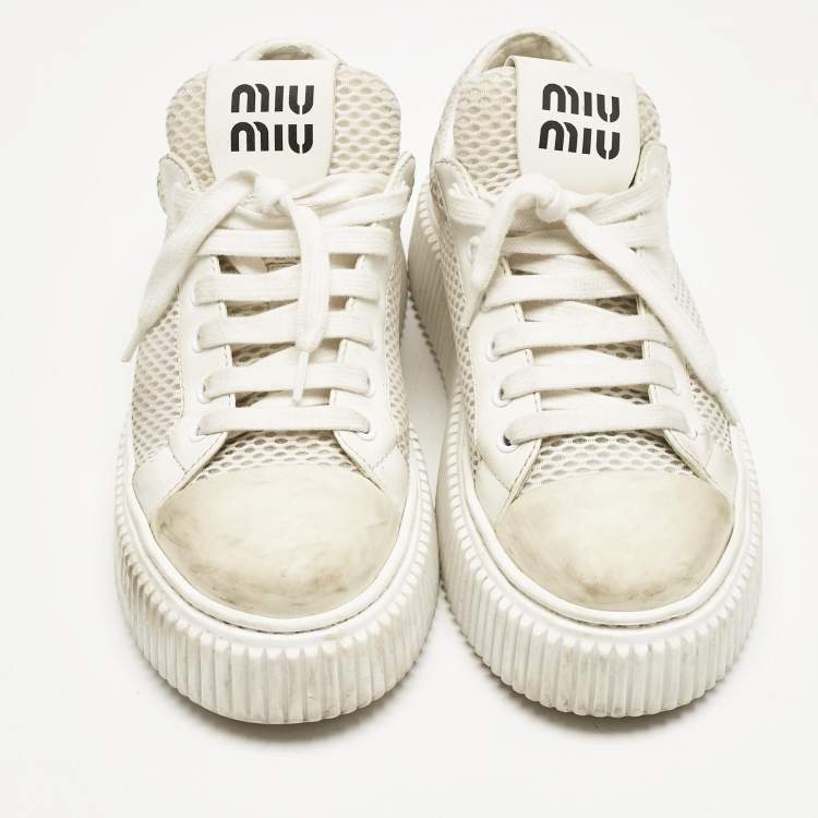 Pre Owned Miu Miu White Leather and Mesh Platform Sneakers Size 37.5