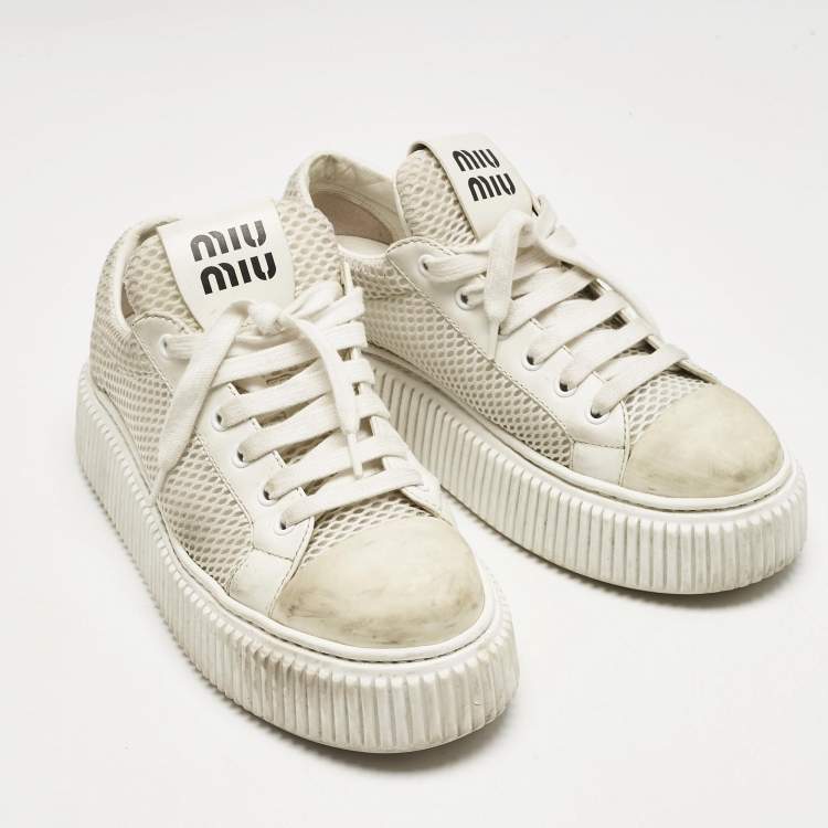 Pre Owned Miu Miu White Leather and Mesh Platform Sneakers Size 37.5