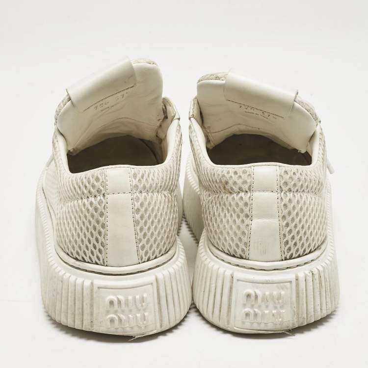 Pre Owned Miu Miu White Leather and Mesh Platform Sneakers Size 37.5