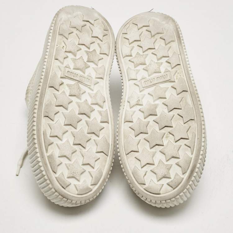 Pre Owned Miu Miu White Leather and Mesh Platform Sneakers Size 37.5