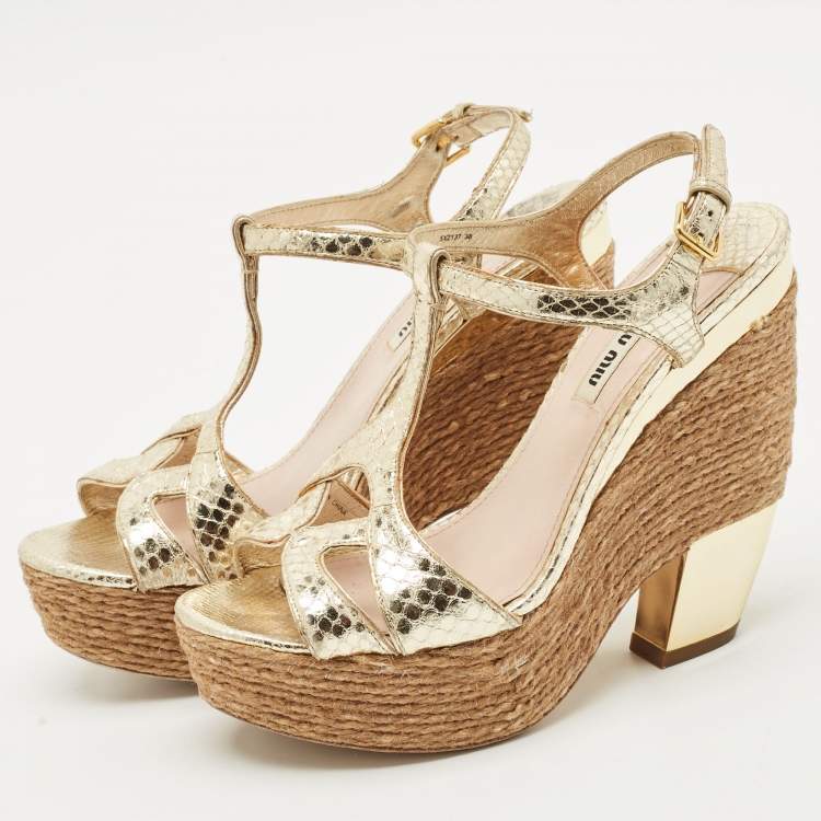 Pre Owned Miu Miu Gold Snakeskin Embossed Patent Leather Cut Out Platform Sandals Size 38