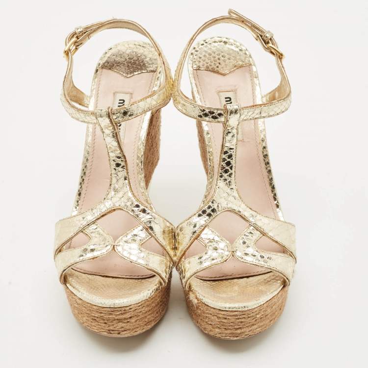 Pre Owned Miu Miu Gold Snakeskin Embossed Patent Leather Cut Out Platform Sandals Size 38