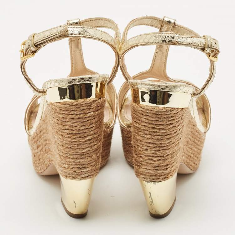 Pre Owned Miu Miu Gold Snakeskin Embossed Patent Leather Cut Out Platform Sandals Size 38