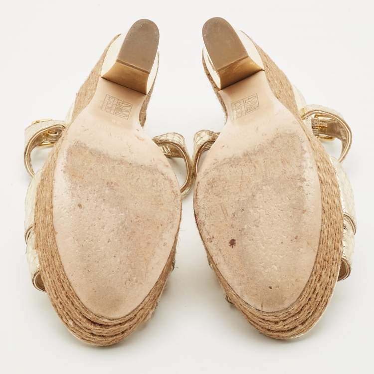 Pre Owned Miu Miu Gold Snakeskin Embossed Patent Leather Cut Out Platform Sandals Size 38