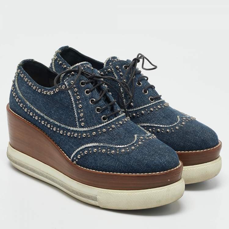 Pre Owned Miu Miu Blue Denim Wedge Platform Oxfords Size 38.5