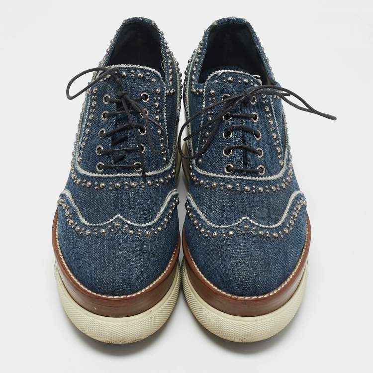 Pre Owned Miu Miu Blue Denim Wedge Platform Oxfords Size 38.5