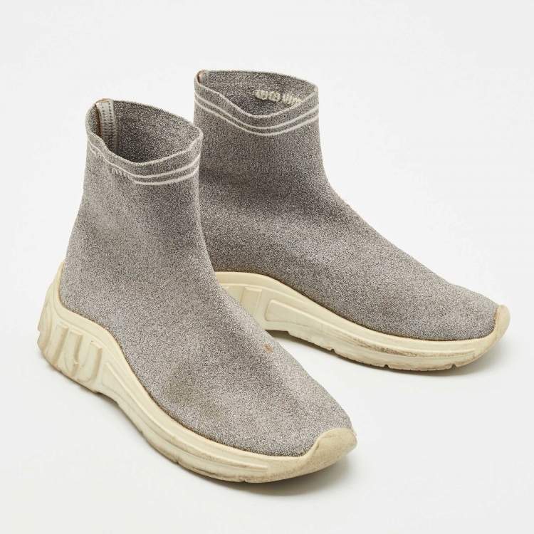 Pre Owned Miu Miu Silver Knit Lurex Fabric Sock Sneakers Size 38