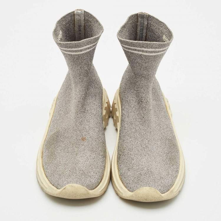 Pre Owned Miu Miu Silver Knit Lurex Fabric Sock Sneakers Size 38