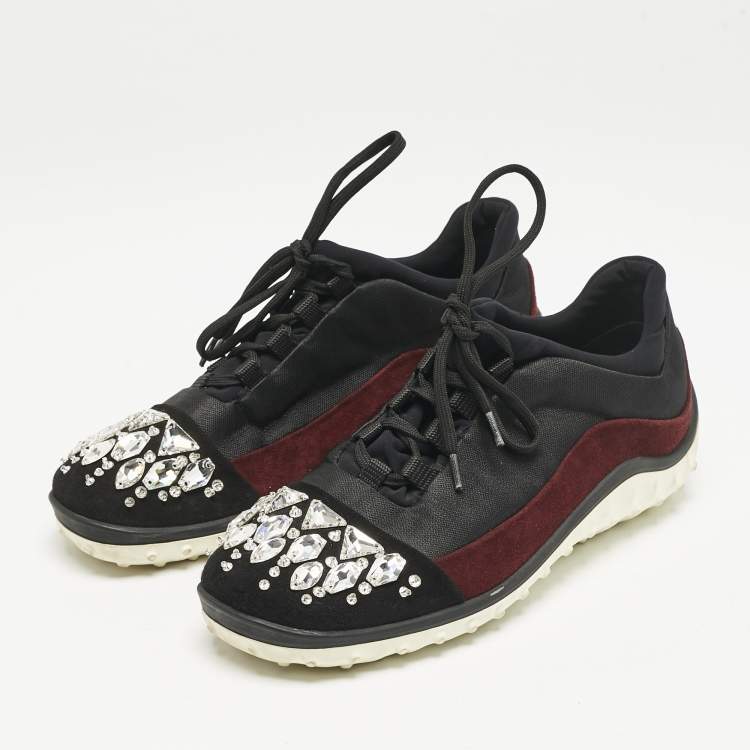 Pre Owned Miu Miu Black/Burgundy Canvas and Suede Crystal Embellished Sneakers Size 37.5