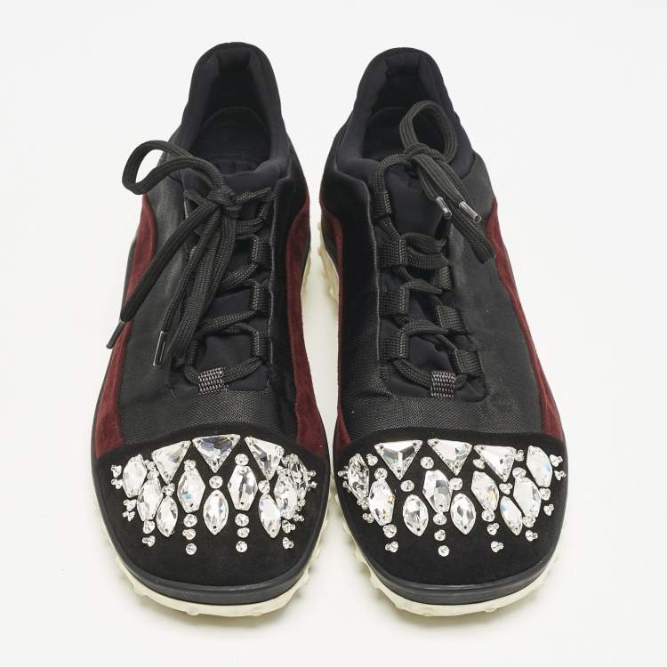Pre Owned Miu Miu Black/Burgundy Canvas and Suede Crystal Embellished Sneakers Size 37.5