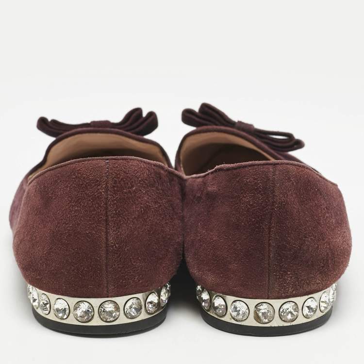 Pre Owned Miu Miu Burgundy Suede Bow Pointed Toe Smoking Slippers Size 38.5