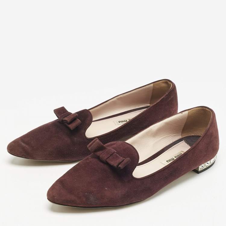 Pre Owned Miu Miu Burgundy Suede Bow Pointed Toe Smoking Slippers Size 38.5