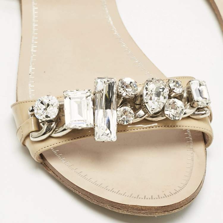 Pre Owned Miu Miu Beige Patent Leather Cipraia Crystal Ankle Strap Flat Sandals Size 37.5