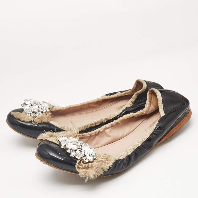Pre Owned Miu Miu Black Patent Leather Crystal Embellished Scrunch Ballet Flats Size 37.5