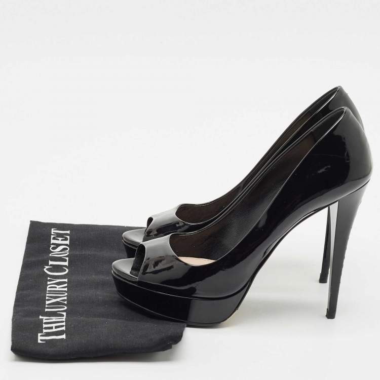 Pre Owned Miu Miu Black Patent Leather Crystal Embellished Heel Peep Toe Pumps Size 38