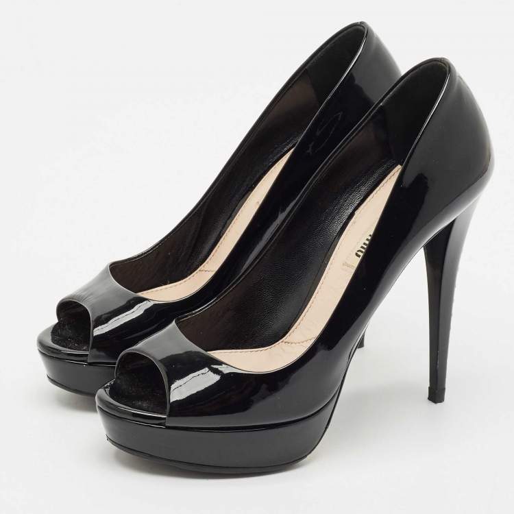 Pre Owned Miu Miu Black Patent Leather Crystal Embellished Heel Peep Toe Pumps Size 38