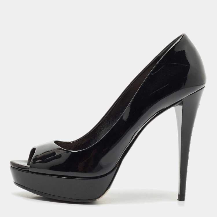 Pre Owned Miu Miu Black Patent Leather Crystal Embellished Heel Peep Toe Pumps Size 38