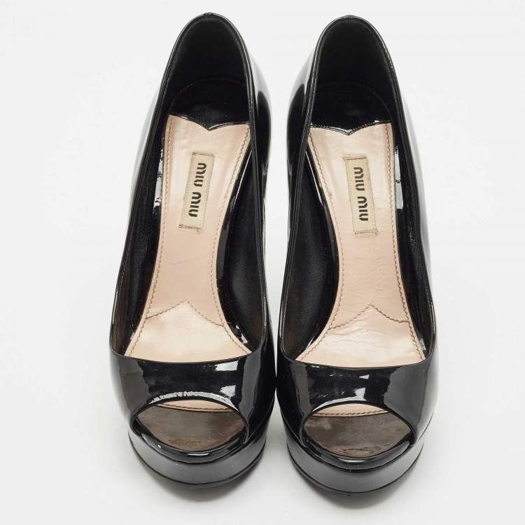 Pre Owned Miu Miu Black Patent Leather Crystal Embellished Heel Peep Toe Pumps Size 38
