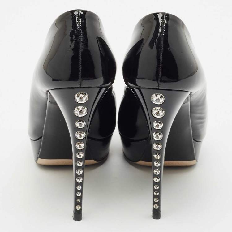 Pre Owned Miu Miu Black Patent Leather Crystal Embellished Heel Peep Toe Pumps Size 38