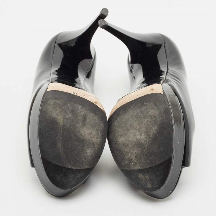 Pre Owned Miu Miu Black Patent Leather Crystal Embellished Heel Peep Toe Pumps Size 38