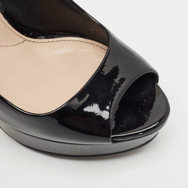 Pre Owned Miu Miu Black Patent Leather Crystal Embellished Heel Peep Toe Pumps Size 38