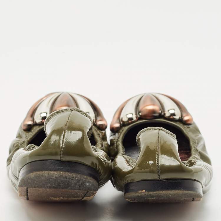 Pre Owned Miu Miu Green Patent Leather Scrunch Ballet Flats Size 39.5