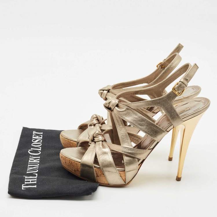 Pre Owned Miu Miu Metallic Leather Bow Ankle Strap Platform Sandals Size 41