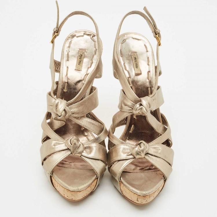 Pre Owned Miu Miu Metallic Leather Bow Ankle Strap Platform Sandals Size 41