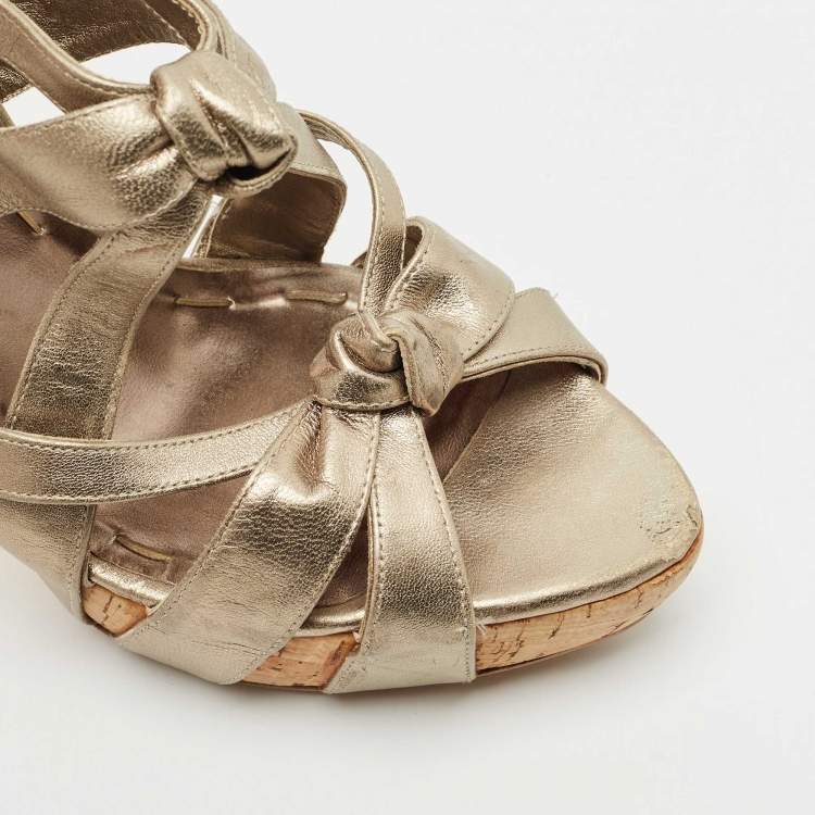 Pre Owned Miu Miu Metallic Leather Bow Ankle Strap Platform Sandals Size 41