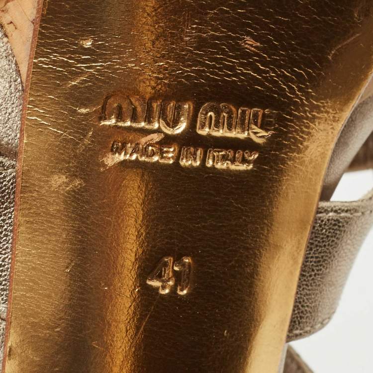 Pre Owned Miu Miu Metallic Leather Bow Ankle Strap Platform Sandals Size 41