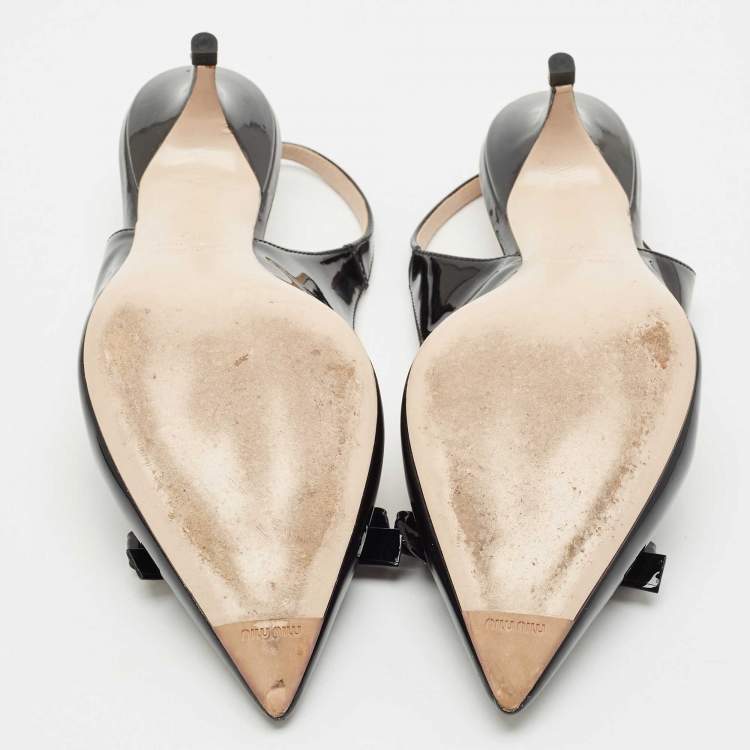 Pre Owned Miu Miu Black Patent Leather Bow Slingback Pumps Size 37