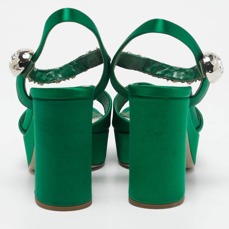 Pre Owned Miu Miu Green Satin Crystal Embellished Ankle Strap Block Heel Platform Sandals Size 38