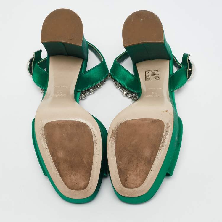 Pre Owned Miu Miu Green Satin Crystal Embellished Ankle Strap Block Heel Platform Sandals Size 38