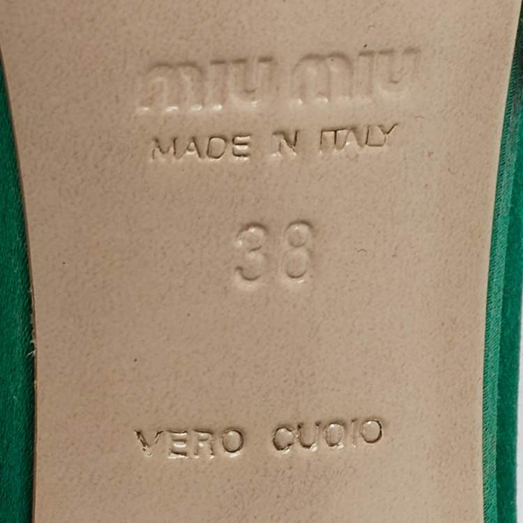 Pre Owned Miu Miu Green Satin Crystal Embellished Ankle Strap Block Heel Platform Sandals Size 38