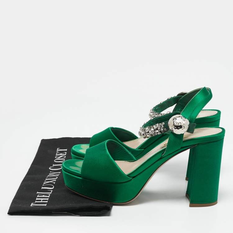 Pre Owned Miu Miu Green Satin Crystal Embellished Ankle Strap Block Heel Platform Sandals Size 38