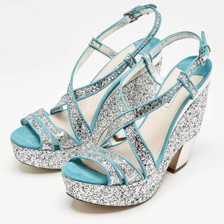Pre Owned Miu Miu Blue/Silver Glitter and Suede Platform Sandals Size 41