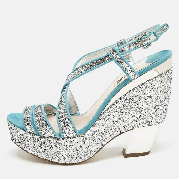 Pre Owned Miu Miu Blue/Silver Glitter and Suede Platform Sandals Size 41