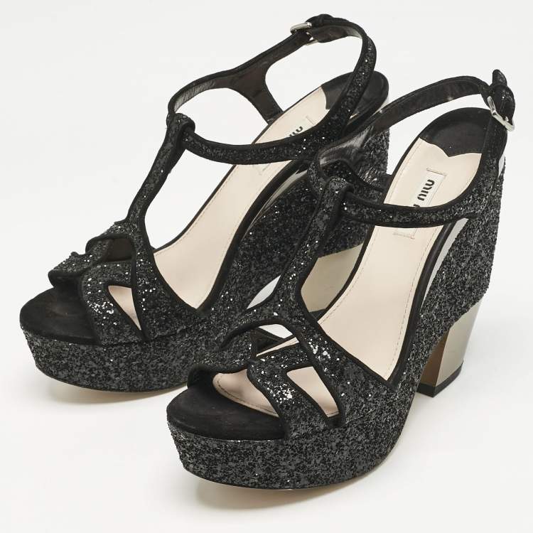 Pre Owned Miu Miu Black Glitter Wedge Slingback Sandals Size 41