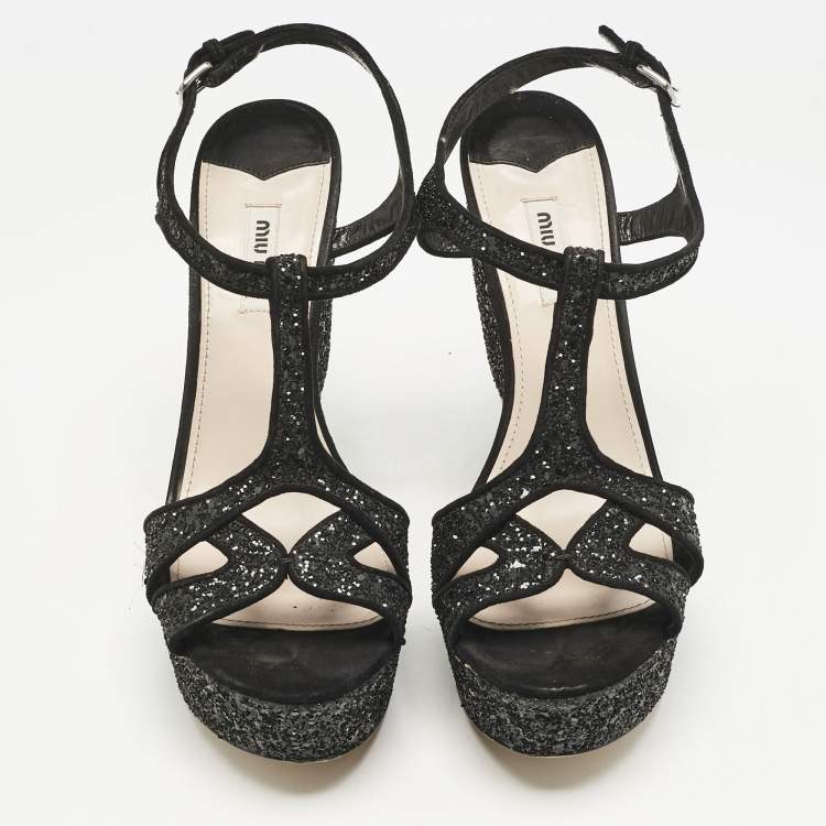 Pre Owned Miu Miu Black Glitter Wedge Slingback Sandals Size 41