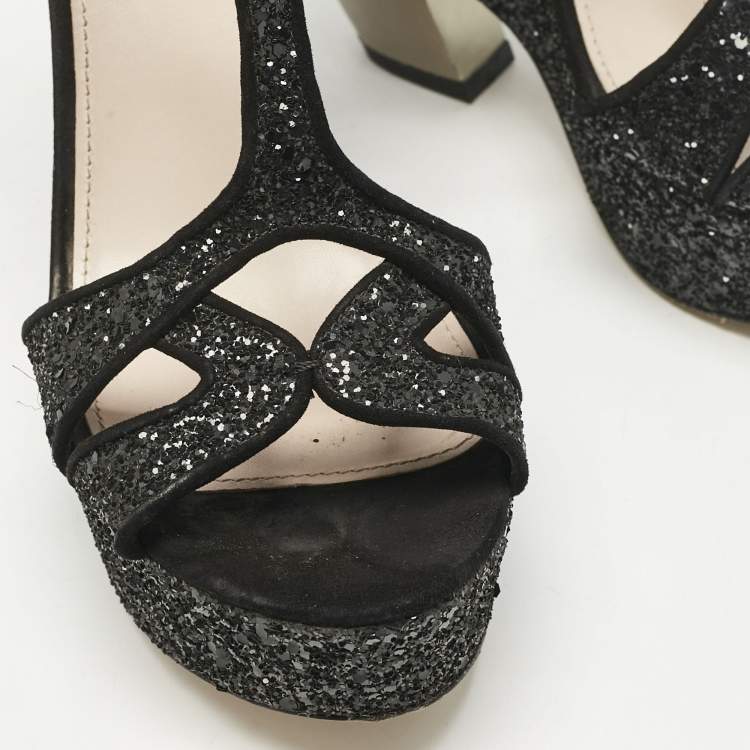 Pre Owned Miu Miu Black Glitter Wedge Slingback Sandals Size 41