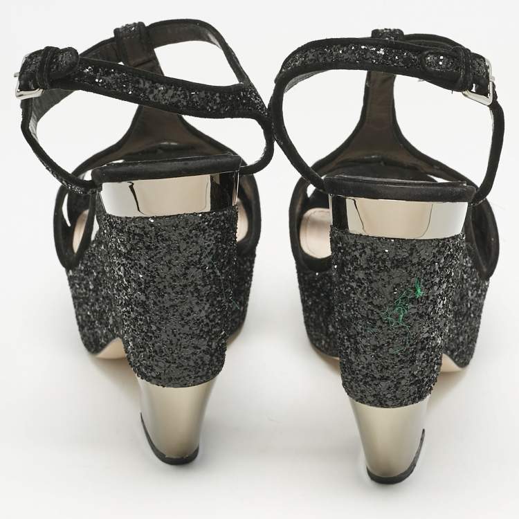 Pre Owned Miu Miu Black Glitter Wedge Slingback Sandals Size 41