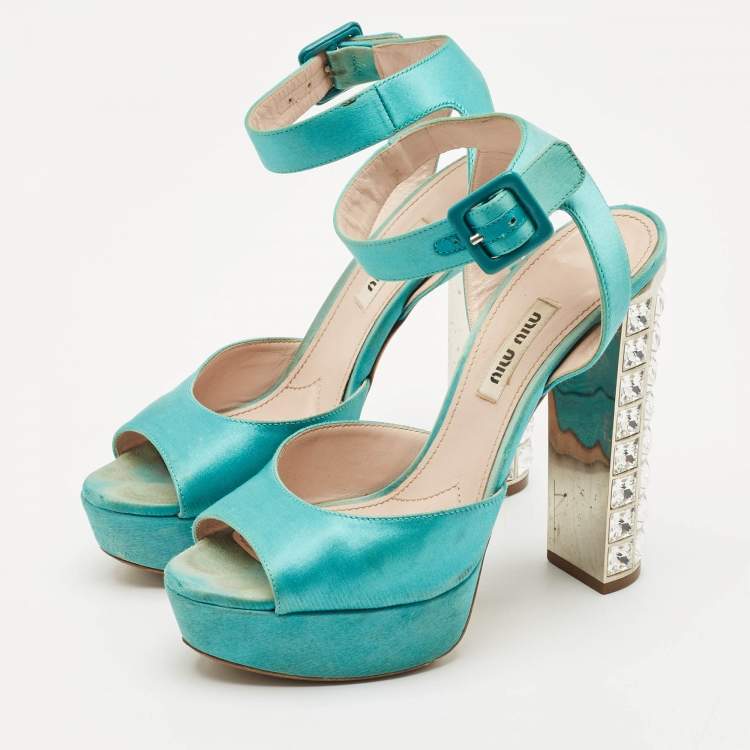 Pre Owned Miu Miu Green Satin Crystal Embellished Heel Ankle Strap Sandals Size 37