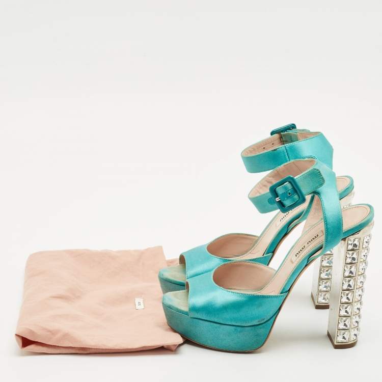 Pre Owned Miu Miu Green Satin Crystal Embellished Heel Ankle Strap Sandals Size 37